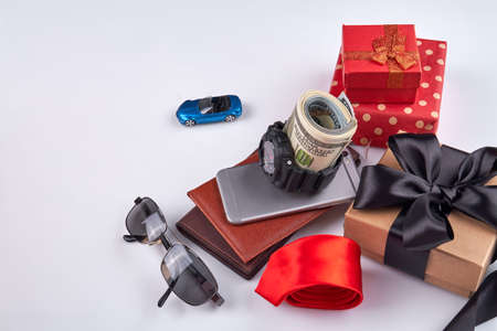 Accessories for mens birthday. Isolated on white background.の写真素材