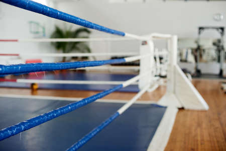 Empty boxing ring in the gym. Blue corner of a boxing ring surrounded by ropes in a gym interior.の写真素材
