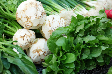 Fresh vegetables and herbs for sale at farmers market. Organic greens and herbs background. Healthy...