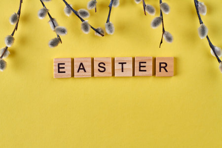 Easter word on yellow background. Pussy-willow branches and copy space.