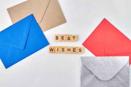 Congratulation cards best wishes concept. Colored envelopes on white background.の写真素材