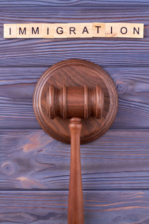 Immigration law wooden gavel. Vertical shot wooden gavel and sounding block on the desk.の写真素材