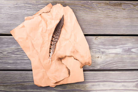 Quill and old rumpled paper. Wooden desk background.の写真素材
