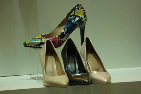 Showcase with female shoes in shopping mall. Shelf of ladies shoes in shop. Womens fashion and style.の写真素材