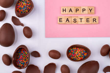 Happy easter and chocolate eggs.の写真素材