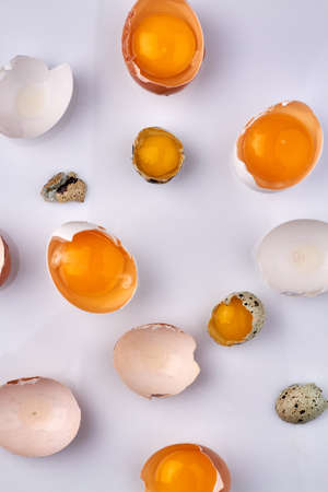 Vertical shot cracked eggshells with yolk.