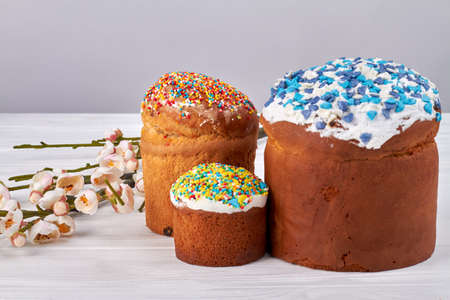 Various easter cakes with sweet icing.