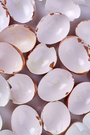 Vertical shot empty eggshells. Collection of broken empty eggshells.