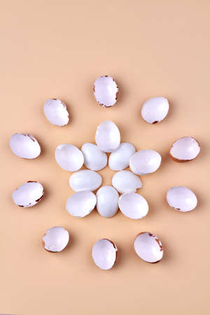 Vertical shot chicken egg shells arranged in a round shape on beige background.の写真素材