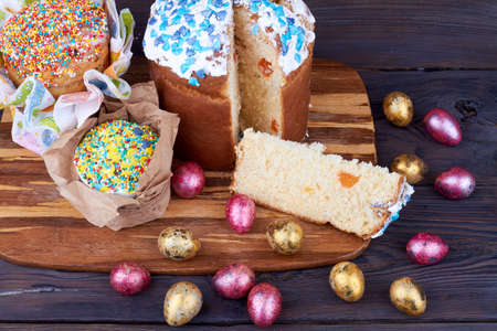 Top view easter cakes and eggs.