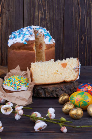 Easter food on wooden background.