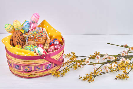 Fluffy yellow branch of willow and bucket for easter.の写真素材