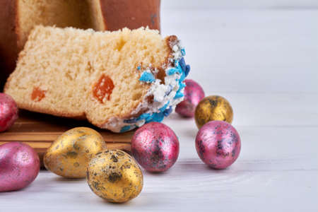 Slise of homemade easter cake on white background.の写真素材