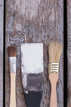 Top view of construction tools on wooden background.の写真素材
