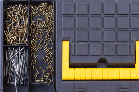 Screws and nails in plastic box close up.