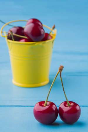 Small yellow bucket full of fresh red cherries.の写真素材