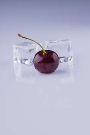 Fresh ripe cherry and two ice cubes vertical shot.の写真素材