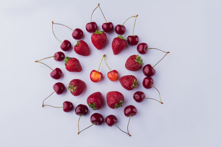 Top view flat lay strawberries and cherries in a circle.の写真素材