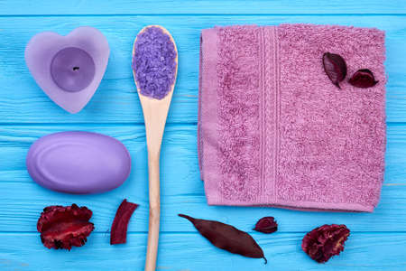 Flat lay top view aromatic bath spa accessories.