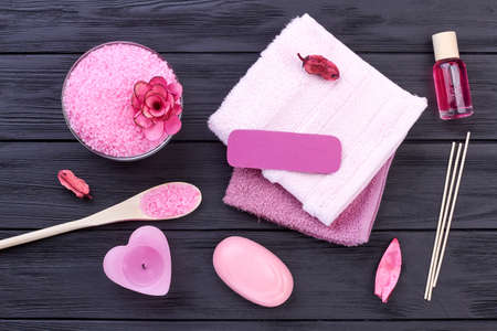 Flat lay set of pink stuff for spa treatment.の写真素材