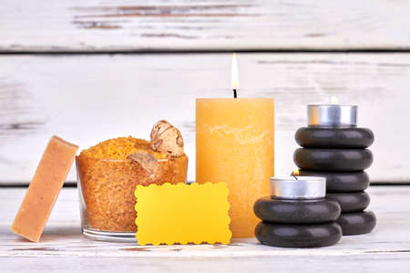 Still life spa treatment composition and copy space.