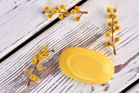 Yellow soap bar with pussy willow branch on white wood.