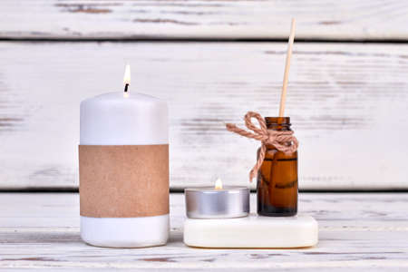Aromatherapy bath spa accessories. Candkes and oil bottle.の写真素材