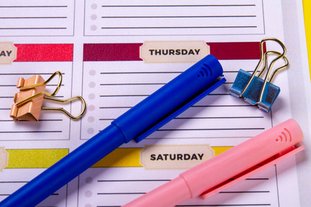 Close-up colored felt tip pens and binder clips.