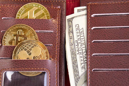Close-up wallet with cryptocurrency coins and dollars.