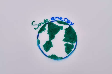 Green earth planet illustration and slogan on white background. Save evergy concept.
