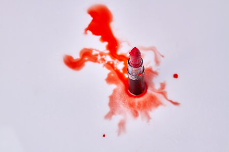 Top view red lipstick with water droplets. Red stains on white background.の写真素材
