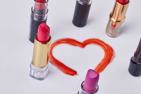 Close up set of various lipstiks on white background. Drawn red heart. Love or valentines day concept.の写真素材