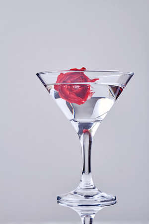 Vertical shot of cocktail with red flower. Transparent alcoholic drink.の写真素材