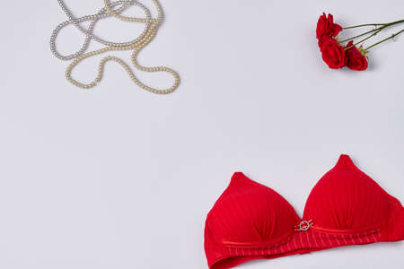 Womens red bra with rose flowers and necklace. Top view flat lay. Isolated on white background.の写真素材