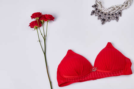 Top view womens red bra with rose flowers. Isolated on white background.の写真素材