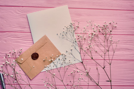Top view envelope with blank paper and spring flowers. Pink wooden desk background.の写真素材