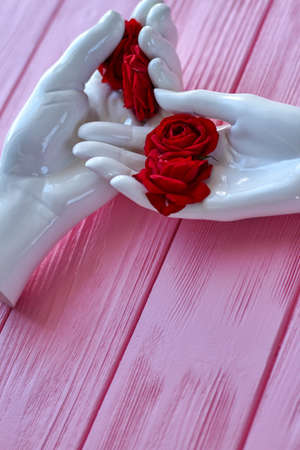 Vertical shot of red mannequin flower heads. Pink wood background.の写真素材
