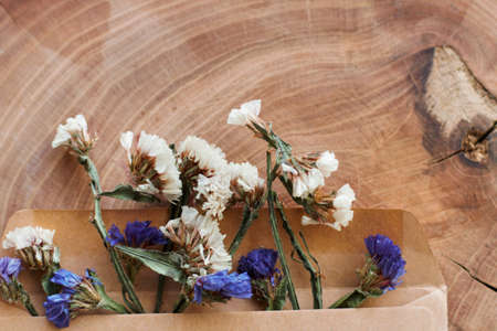 Close up colorful flowers on wooden board. Old beige envelope.の写真素材