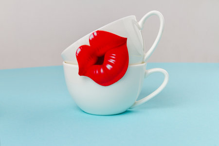 Two white ceramic cups decorated with red lips. Happy mothers day concept. Space for text.の写真素材