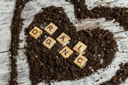 Natural black soil in a heart shape close up. Gray desk background.の写真素材