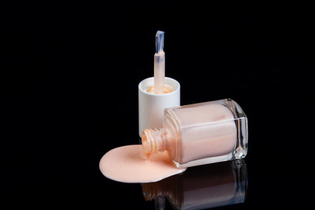 Close up of beige nail polish bottle on black background. Concept of manicure or pedicure.