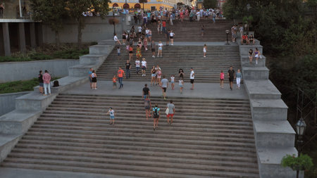 Odesa, Ukraine - 08.08.2020: Potemkin stairs in Odessa city with traffic of people. Urban city scape.のeditorial素材