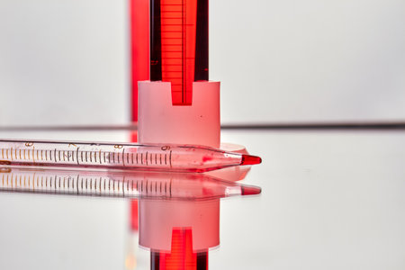 Close up pipette with blood sample on reflective surface. Blood test and analysis in medical research laboratory.の写真素材