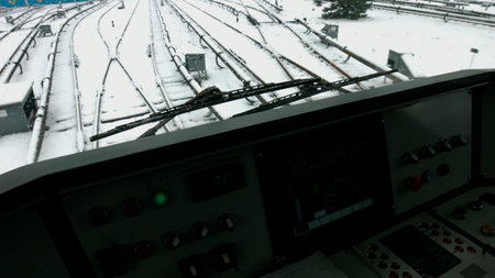 Instrument panel of a metro train. The train is going along the track to the station. Metropolitan...