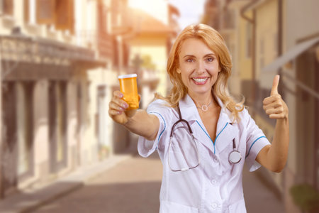 Portrait of happy caucasian female doctor standing outdoors holding a can of pills and gives her thumb up. European city street in the background.の写真素材