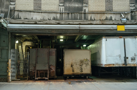 Two grimy dumpsters and a rust-streaked trailer sit inside a dark urban loading dock. The gritty...