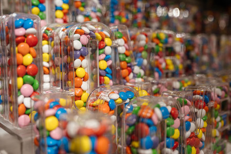 Bright multi-colored candies are packed into transparent letter-shaped containers. The close-up view shows a vibrant candy display in a retail or gift store.の写真素材