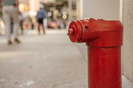 A vibrant fire hydrant is prominently shown with a blurred urban scene behind. The image captures...