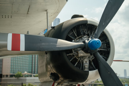 Detailed view of a vintage military aircrafts propeller engine with exposed mechanical components....