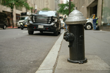 A close-up of a black fire hydrant with a silver top sits on the edge of a New York City sidewalk. Cars and urban life blur in the background, highlighting classic street infrastructure.の写真素材